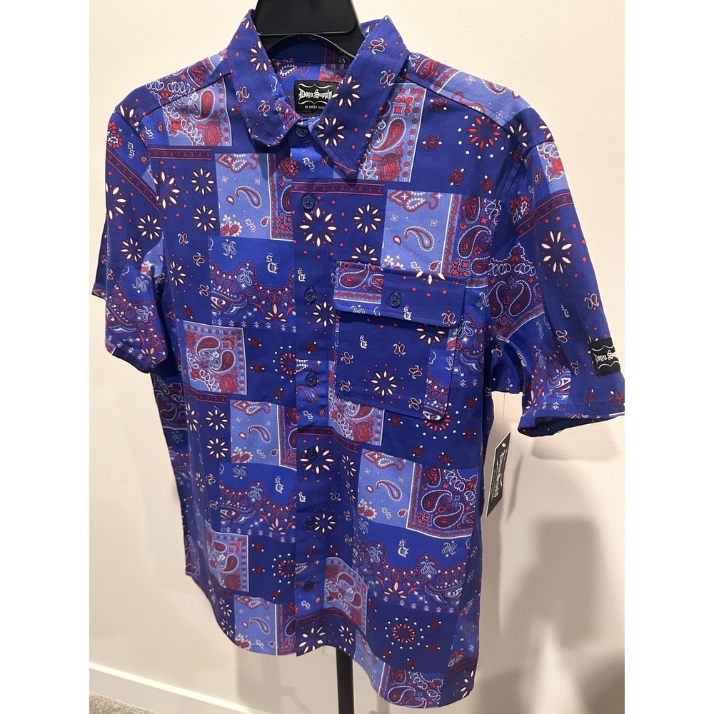 Dogg Supply by‎ Snoop Dogg Mens Blue Bandana Paisley Patchwork Shirt Large NEW
